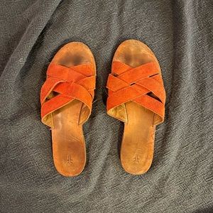 Frye red/orange leather and suede sandals